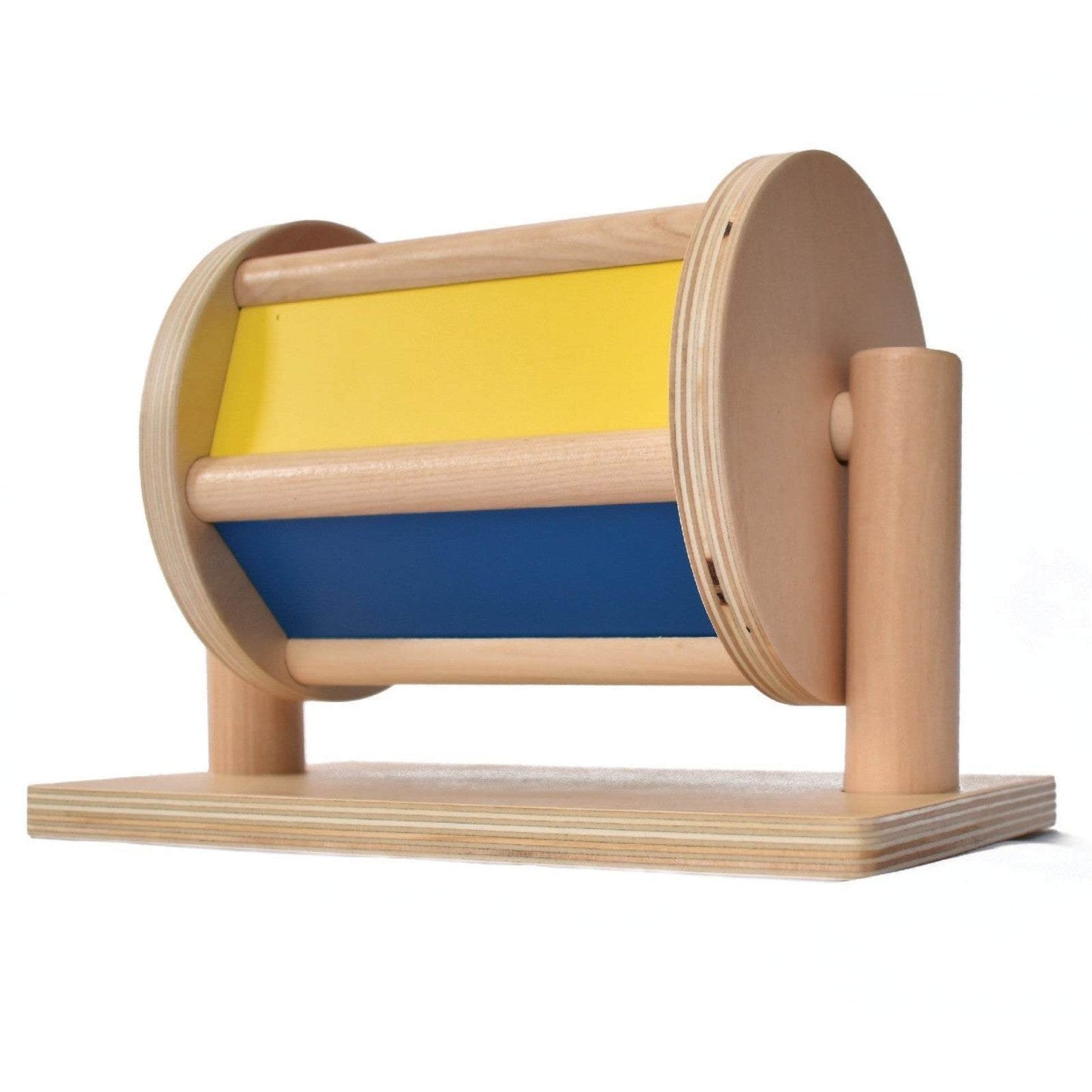 Montessori Spinning Drum showing the yellow and blue panels