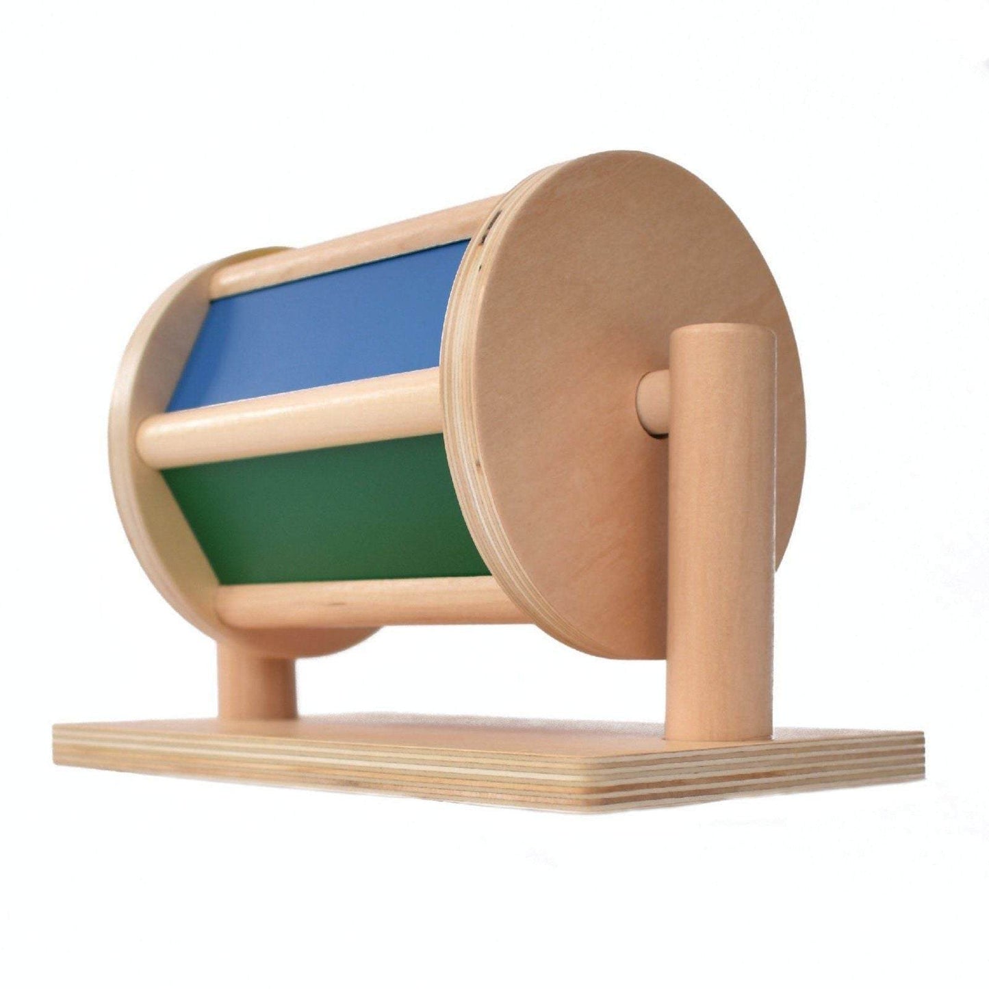 Montessori Spinning Drum showing the colours blue and green