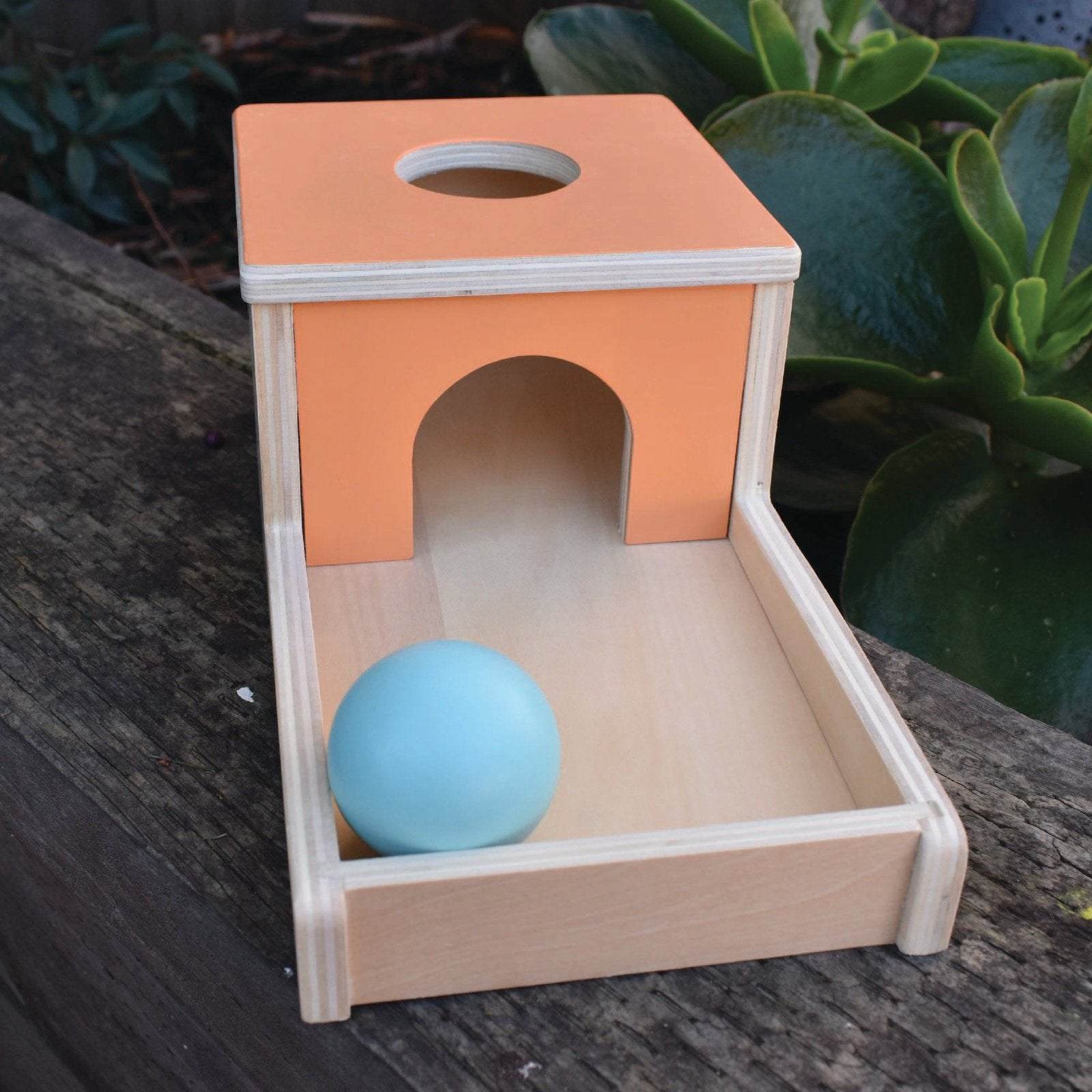 Montessori Object Permanence Ball Drop Box in Peach